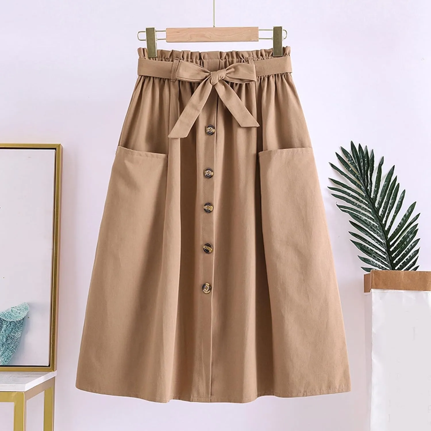 Women's Casual High Waist Pleated A Line Midi Skirt with Pocket Stretchy Skirts for Women