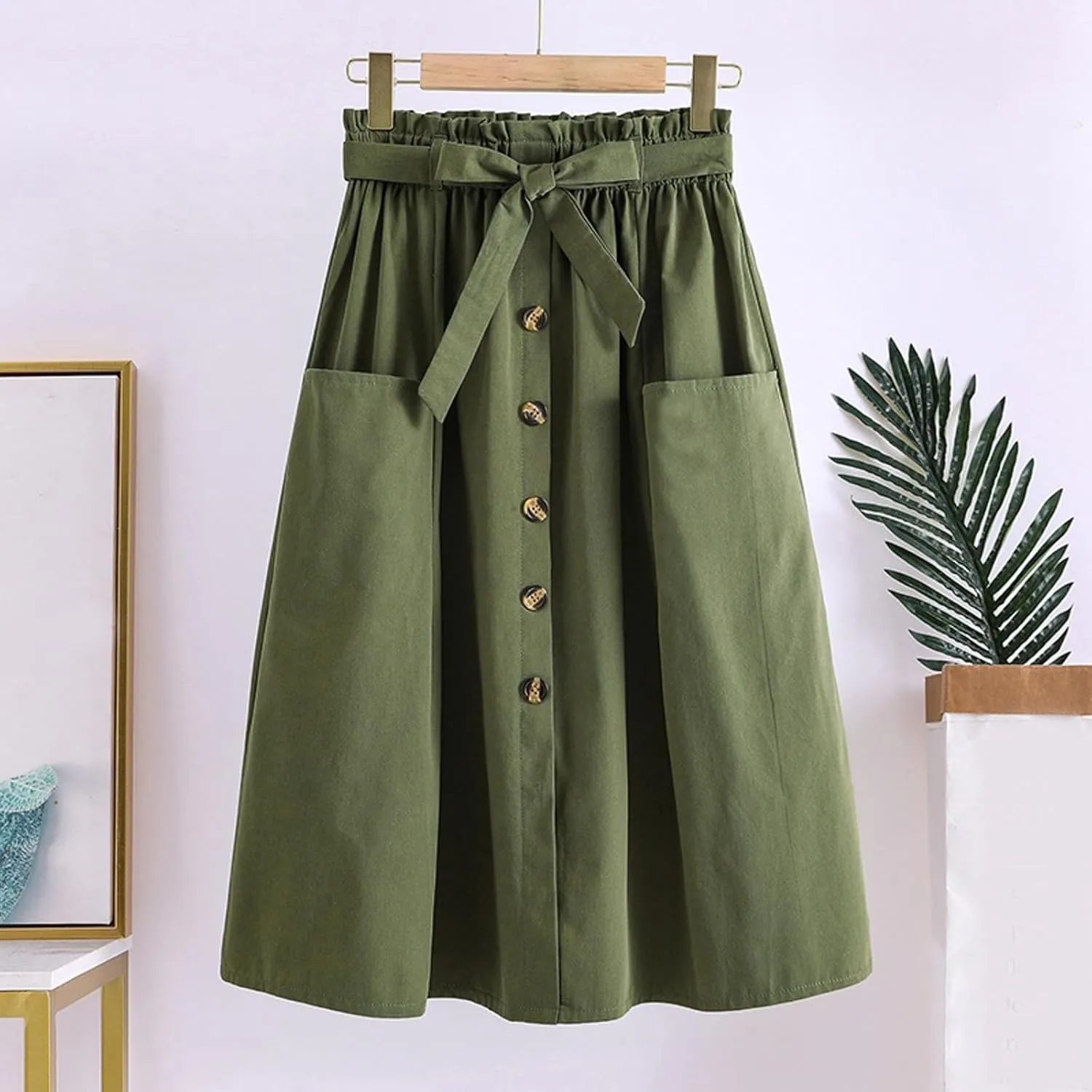 Women's Casual High Waist Pleated A Line Midi Skirt with Pocket Stretchy Skirts for Women