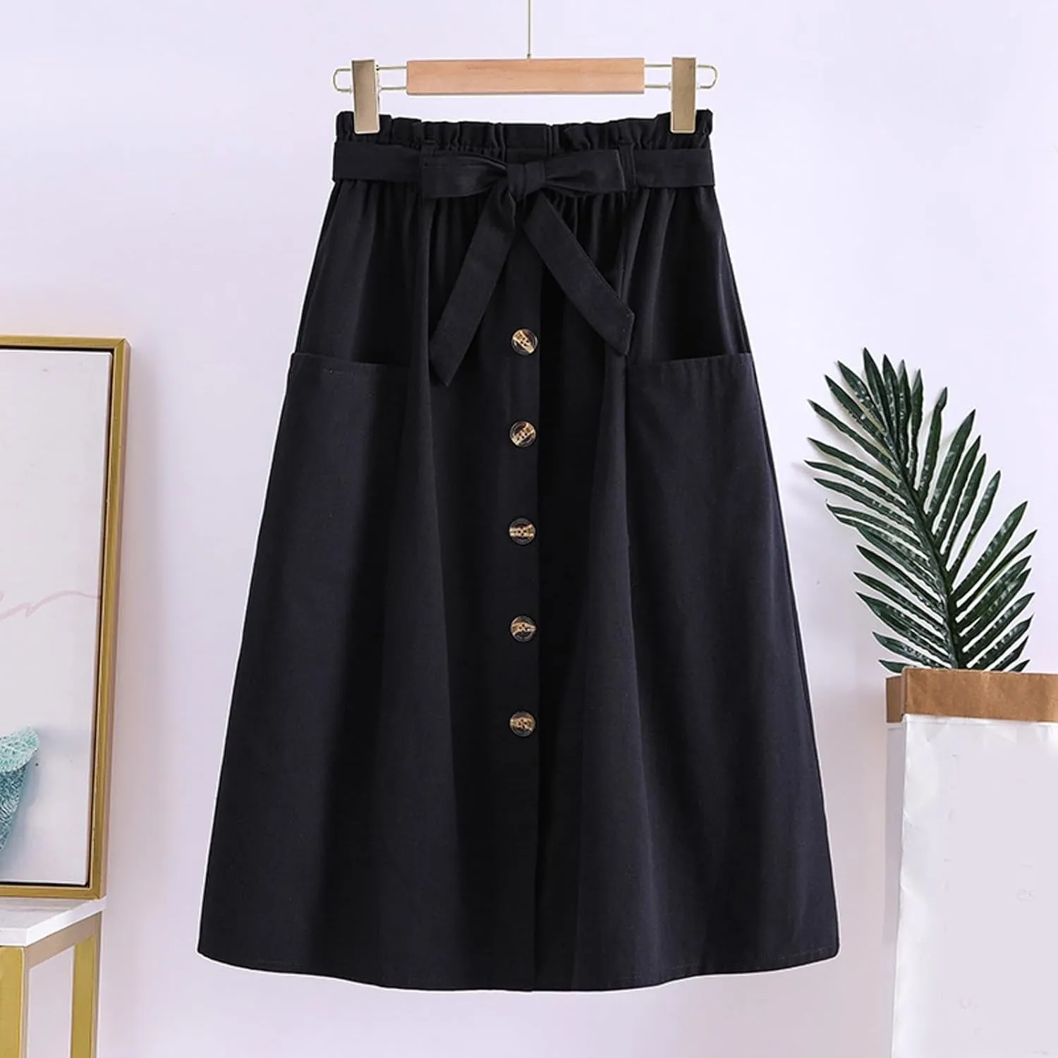 Women's Casual High Waist Pleated A Line Midi Skirt with Pocket Stretchy Skirts for Women