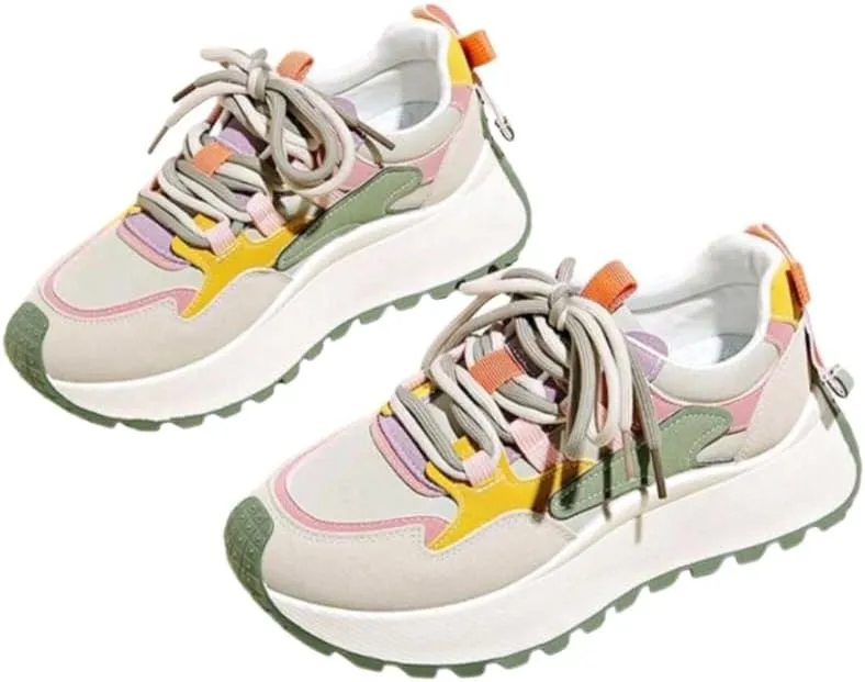 Womens Chunky Sneakers, Platform, Colorblock Design, Stylish Casual Shoes, Green Combo, US 8