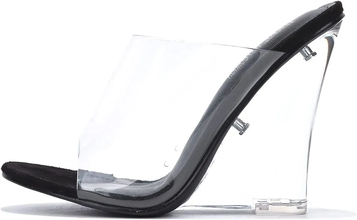 Women's Clear Wedge Heels - 4 Inch Open Toe Chunky Heels with Transparent Upper & Genuine Leather Sole | Slip-On Comfortable Dress Shoes | Fashion Platform Sandals (Lemonade.A)