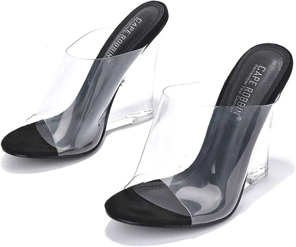Women's Clear Wedge Heels - 4 Inch Open Toe Chunky Heels with Transparent Upper & Genuine Leather Sole | Slip-On Comfortable Dress Shoes | Fashion Platform Sandals (Lemonade.A)