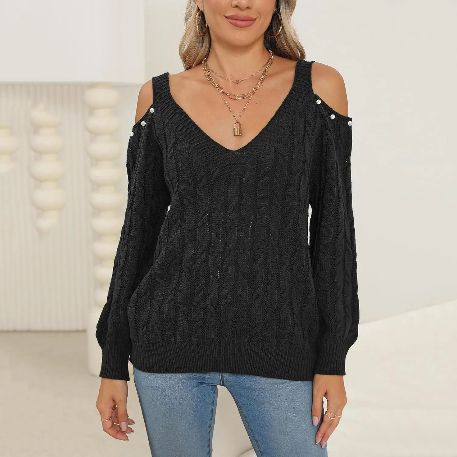 Women's Cold Shoulder Pullover Sweater Tops Long Sleeve Neck Fall Tunic Shirts Trendy Dressy Cute Blouse Plus Size