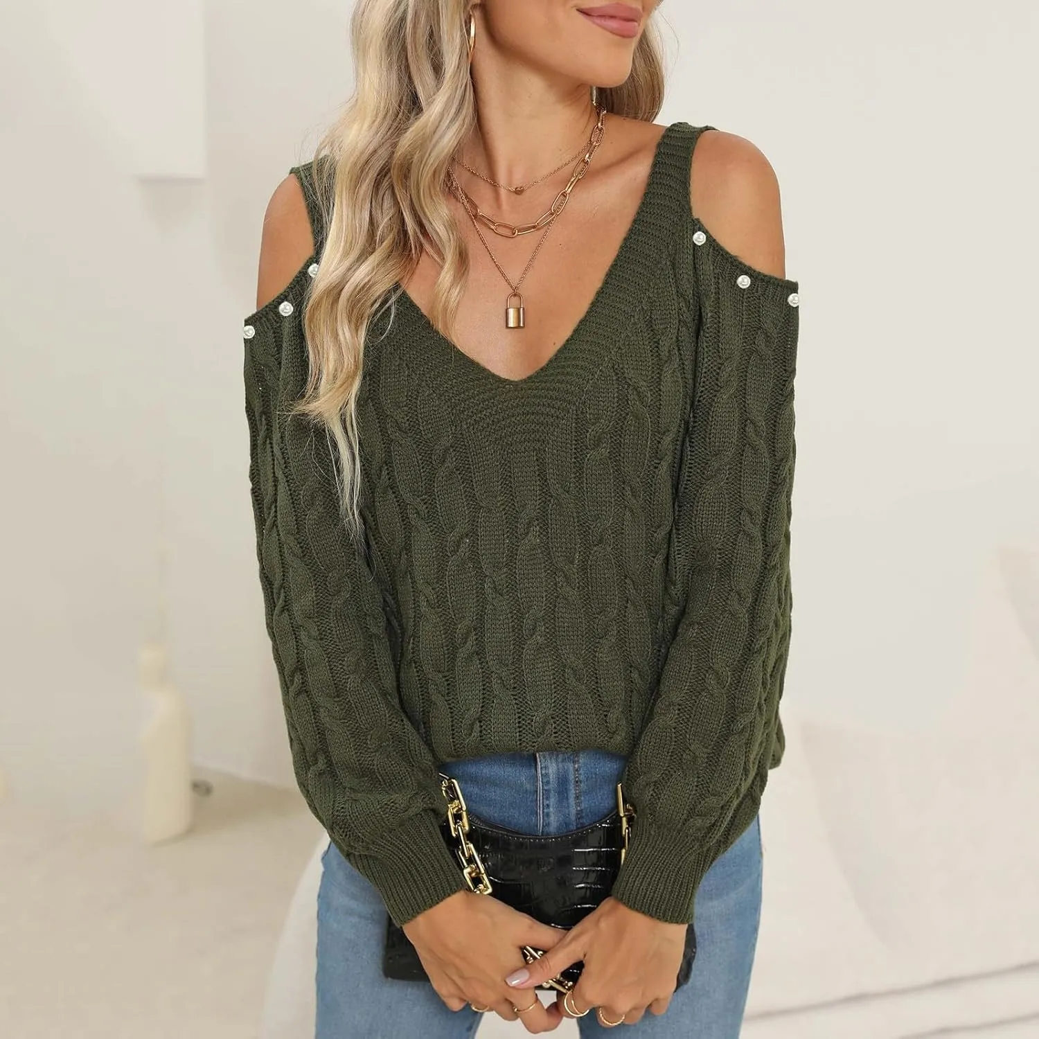 Women's Cold Shoulder Pullover Sweater Tops Long Sleeve Neck Fall Tunic Shirts Trendy Dressy Cute Blouse Plus Size