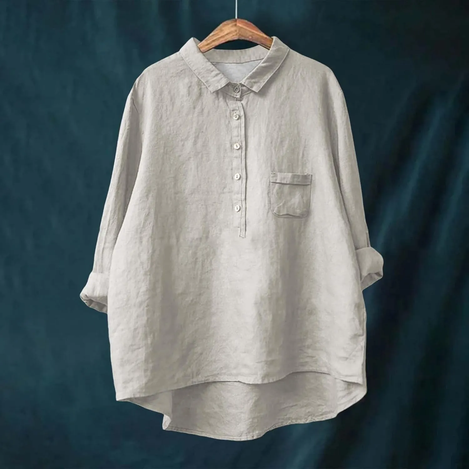 Womens Cotton Linen Button Down Shirt Spring Casual Long Sleeve Solid Color Shirts Loose Work Tops with Pockets