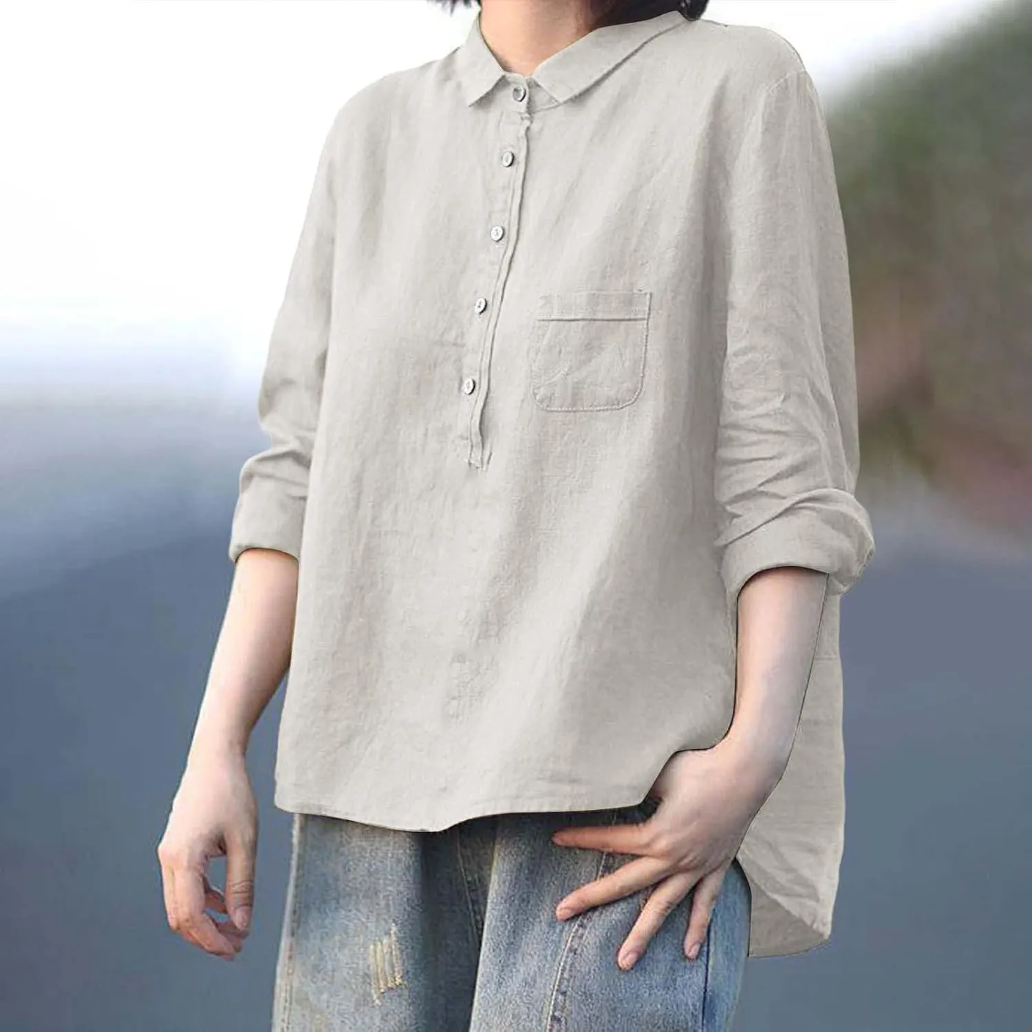 Womens Cotton Linen Button Down Shirt Spring Casual Long Sleeve Solid Color Shirts Loose Work Tops with Pockets