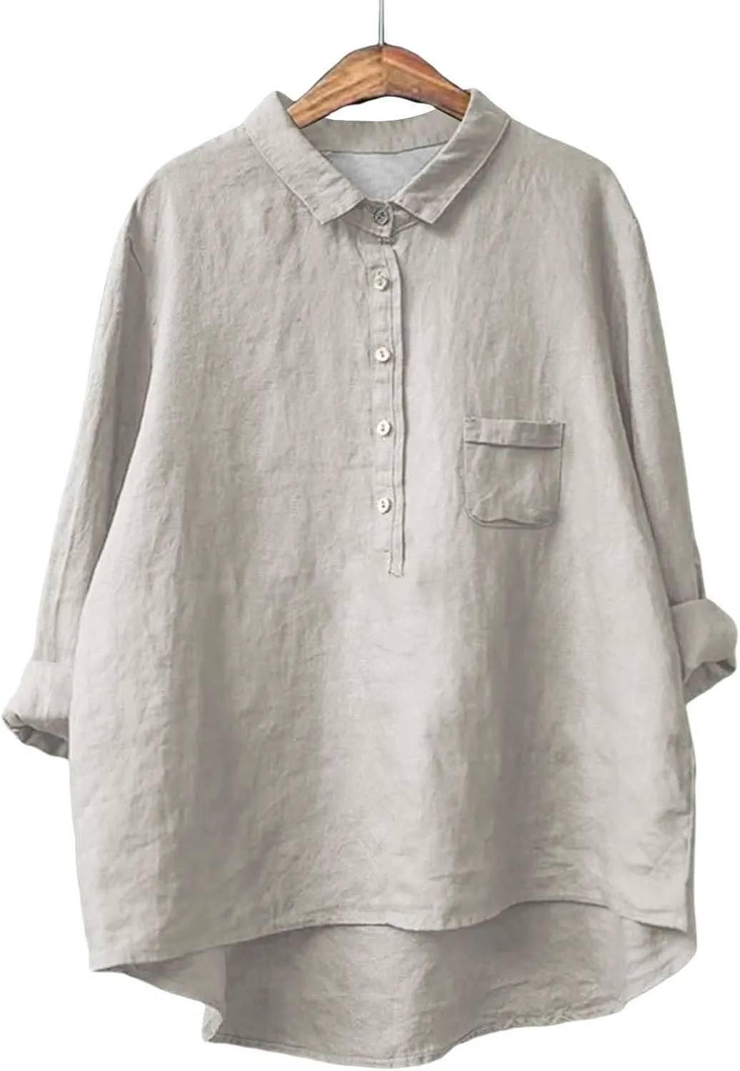 Womens Cotton Linen Button Down Shirt Spring Casual Long Sleeve Solid Color Shirts Loose Work Tops with Pockets