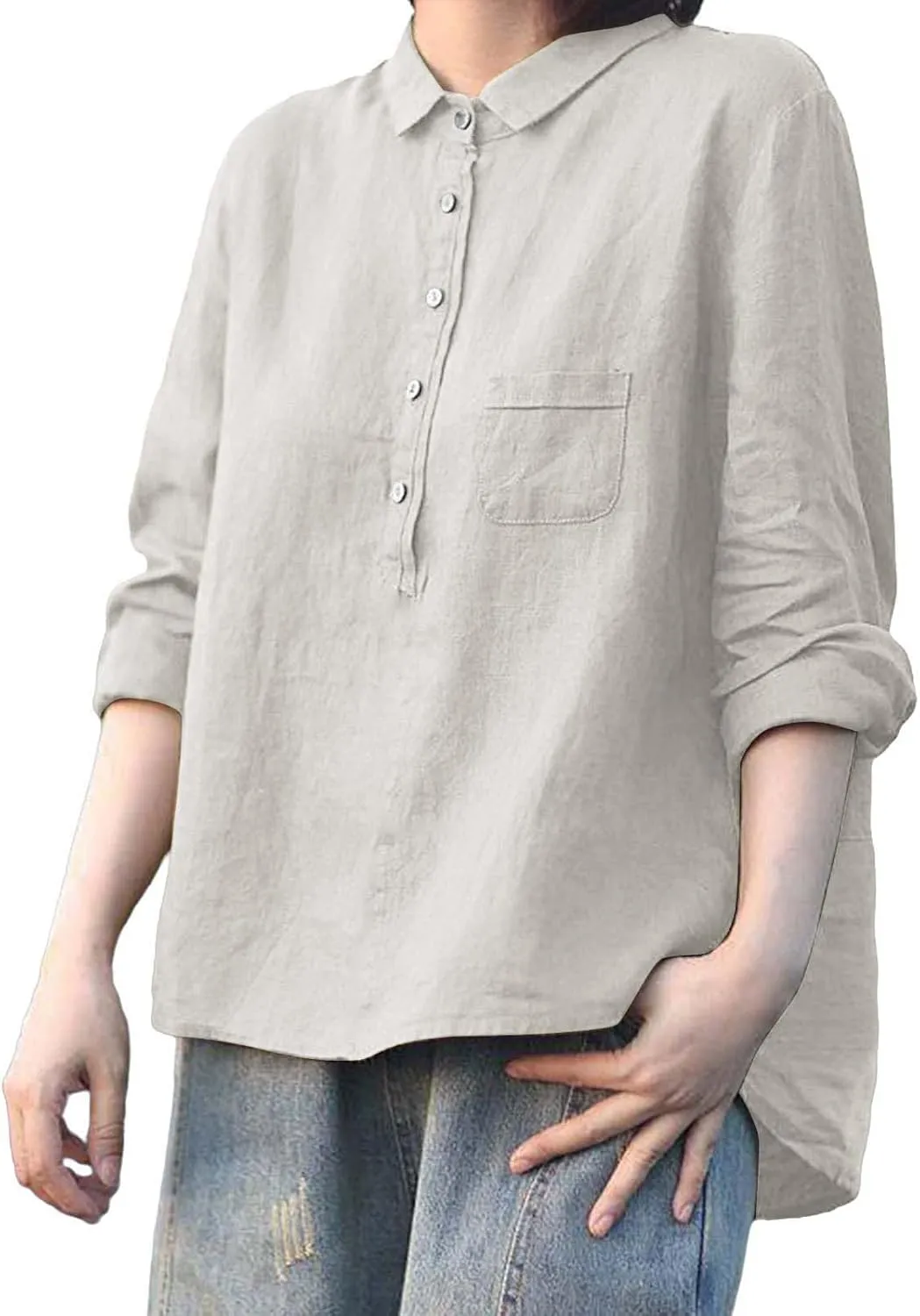 Womens Cotton Linen Button Down Shirt Spring Casual Long Sleeve Solid Color Shirts Loose Work Tops with Pockets