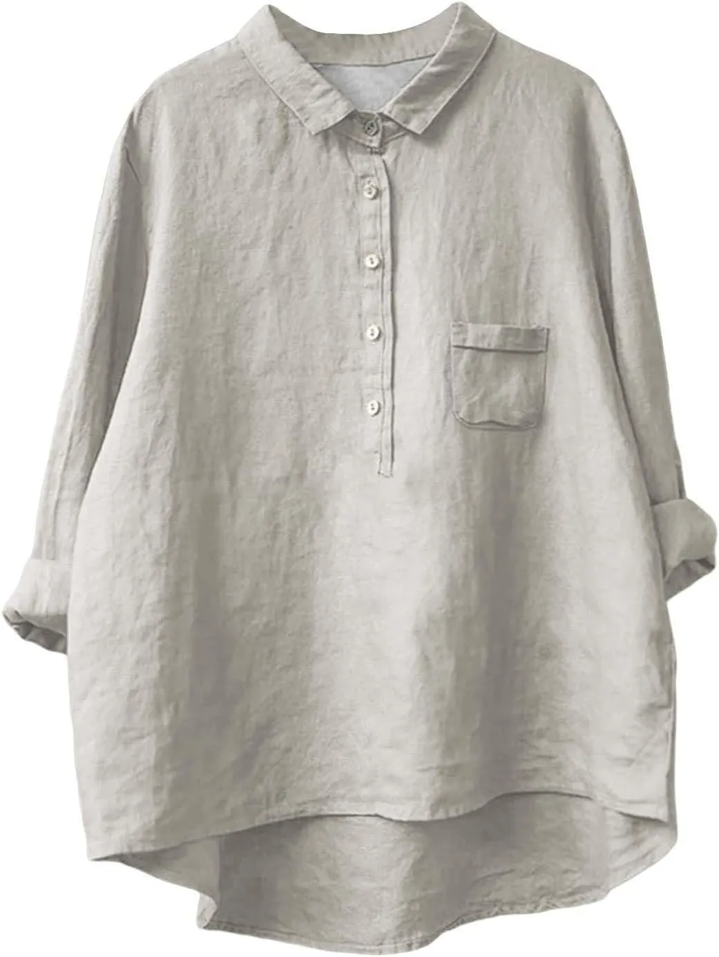 Womens Cotton Linen Button Down Shirt Spring Casual Long Sleeve Solid Color Shirts Loose Work Tops with Pockets