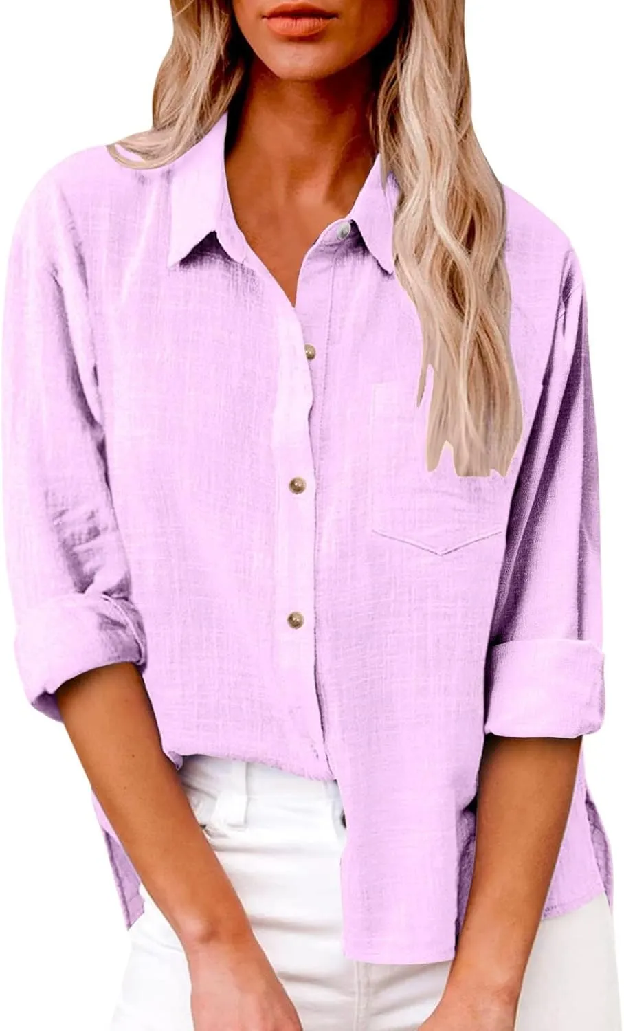 Womens Cotton Linen Shirt 2025 Spring Boyfriend Long Sleeve Solid Color Blouses Loose Work Tops with Pockets