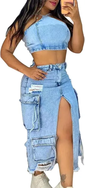 Women's Denim Maxi Skirts Cargo High Waisted Y2k Slit Ripped Skirts Jean Skirt with Multi-Pocket