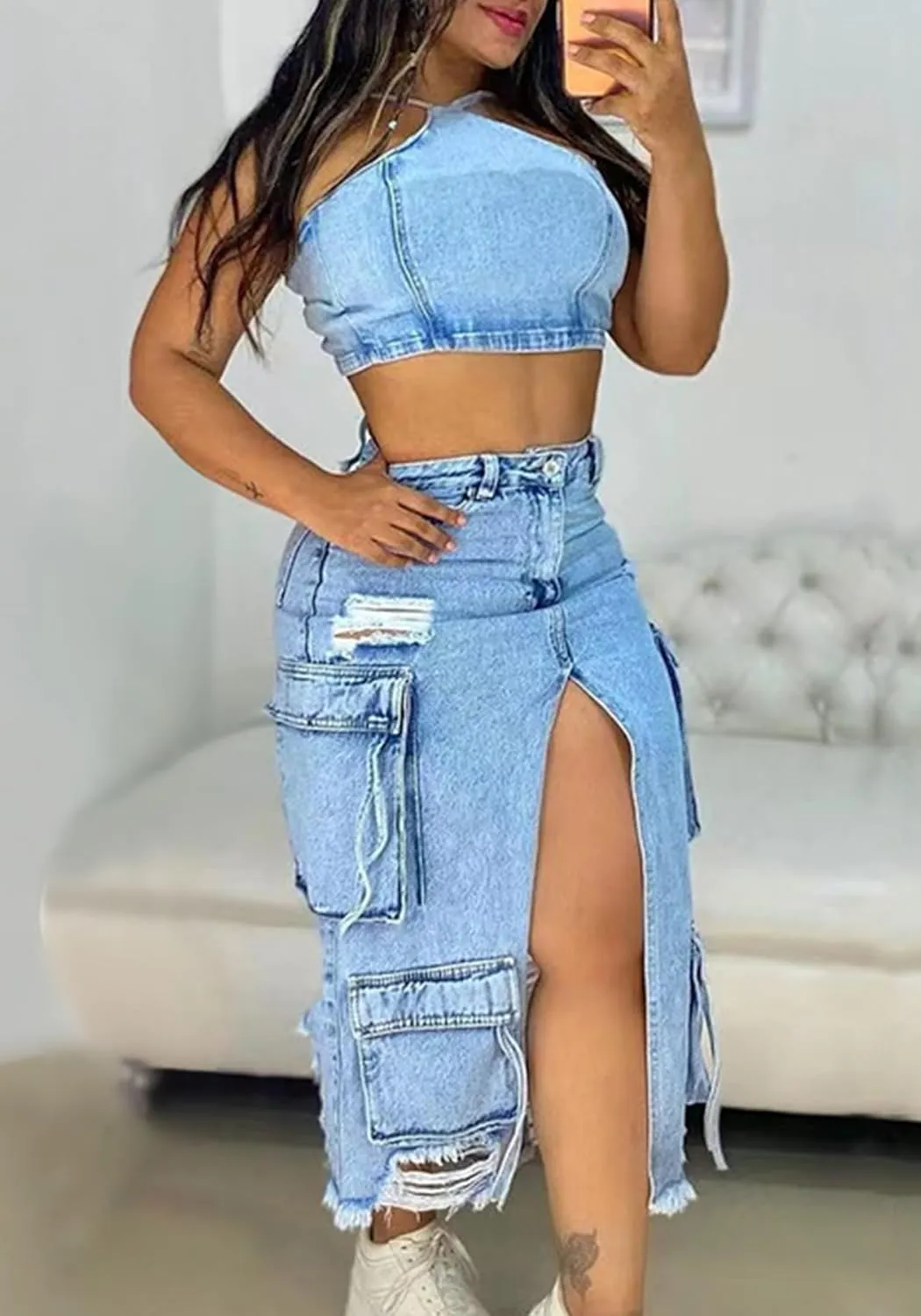 Women's Denim Maxi Skirts Cargo High Waisted Y2k Slit Ripped Skirts Jean Skirt with Multi-Pocket