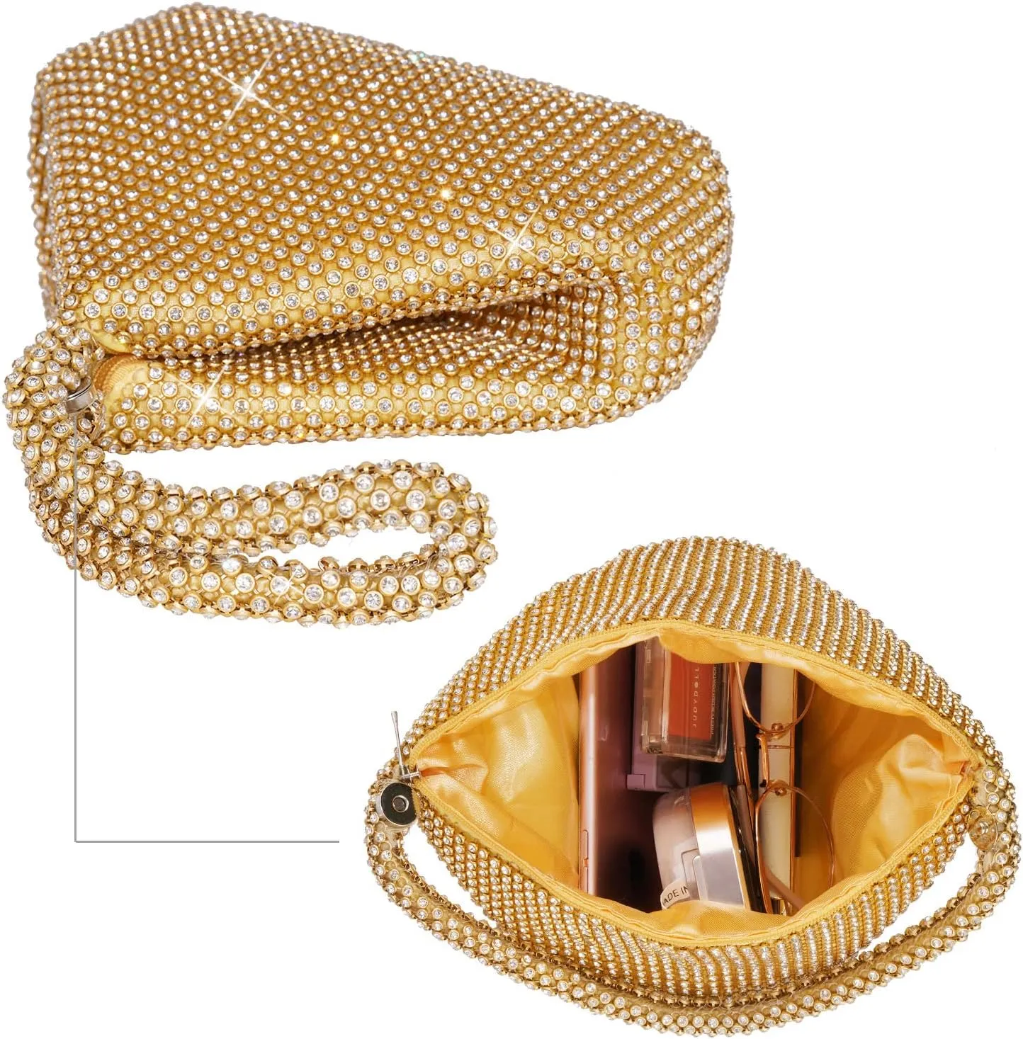Women's Evening Bag- Upgraded Larger Size Full Rhinestones Bling Wrist Clutch Purse for Party Wedding Date Night
