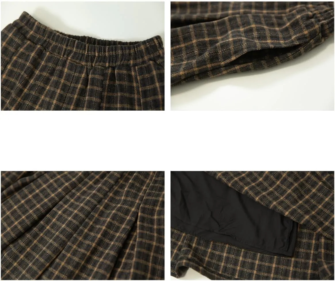 Womens Fall Long Plaid Skirt with Pockets Casual Vintage High Waisted Pleated A Line Flare Wool Tartan Winter Skirts