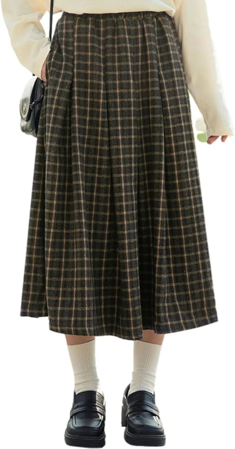 Womens Fall Long Plaid Skirt with Pockets Casual Vintage High Waisted Pleated A Line Flare Wool Tartan Winter Skirts