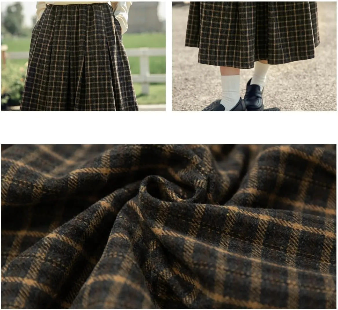 Womens Fall Long Plaid Skirt with Pockets Casual Vintage High Waisted Pleated A Line Flare Wool Tartan Winter Skirts