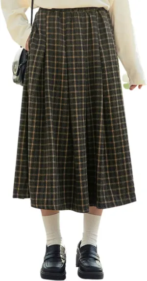 Womens Fall Long Plaid Skirt with Pockets Casual Vintage High Waisted Pleated A Line Flare Wool Tartan Winter Skirts