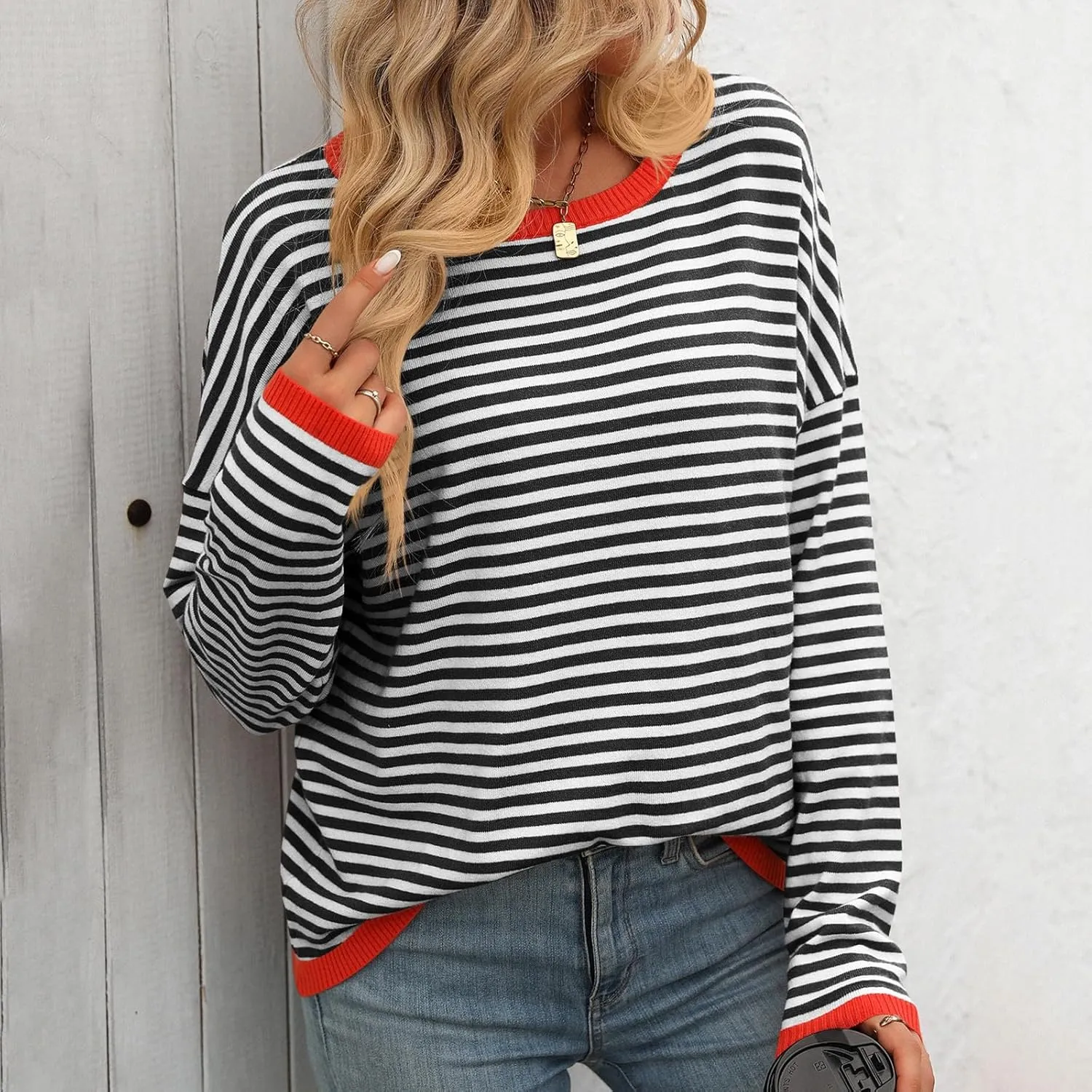 Womens Fall Long Sleeve Striped Color Block Chunky Sweater Plus Size Fall Fashion Lantern Sleeve Blouse Tops