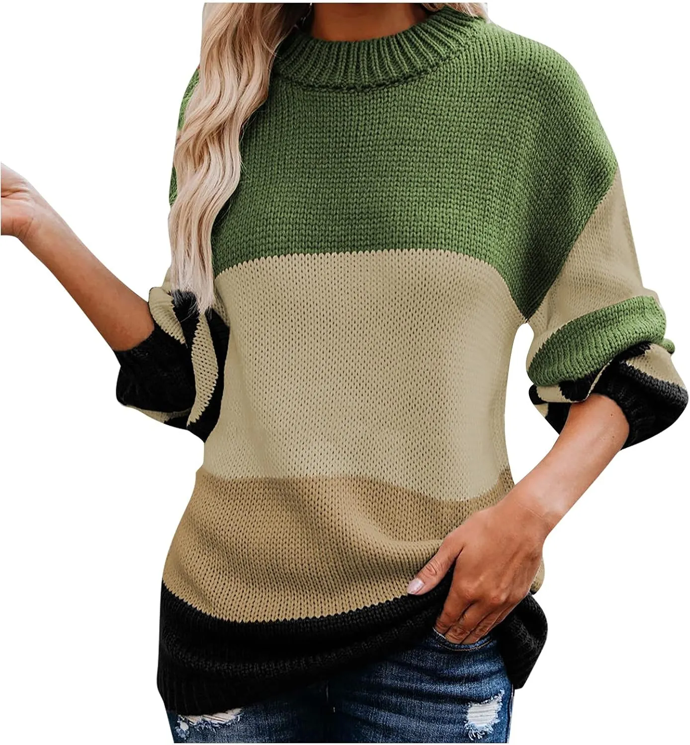 Womens Fall Long Sleeve Striped Color Block Chunky Sweater Plus Size Fall Fashion Lantern Sleeve Blouse Tops