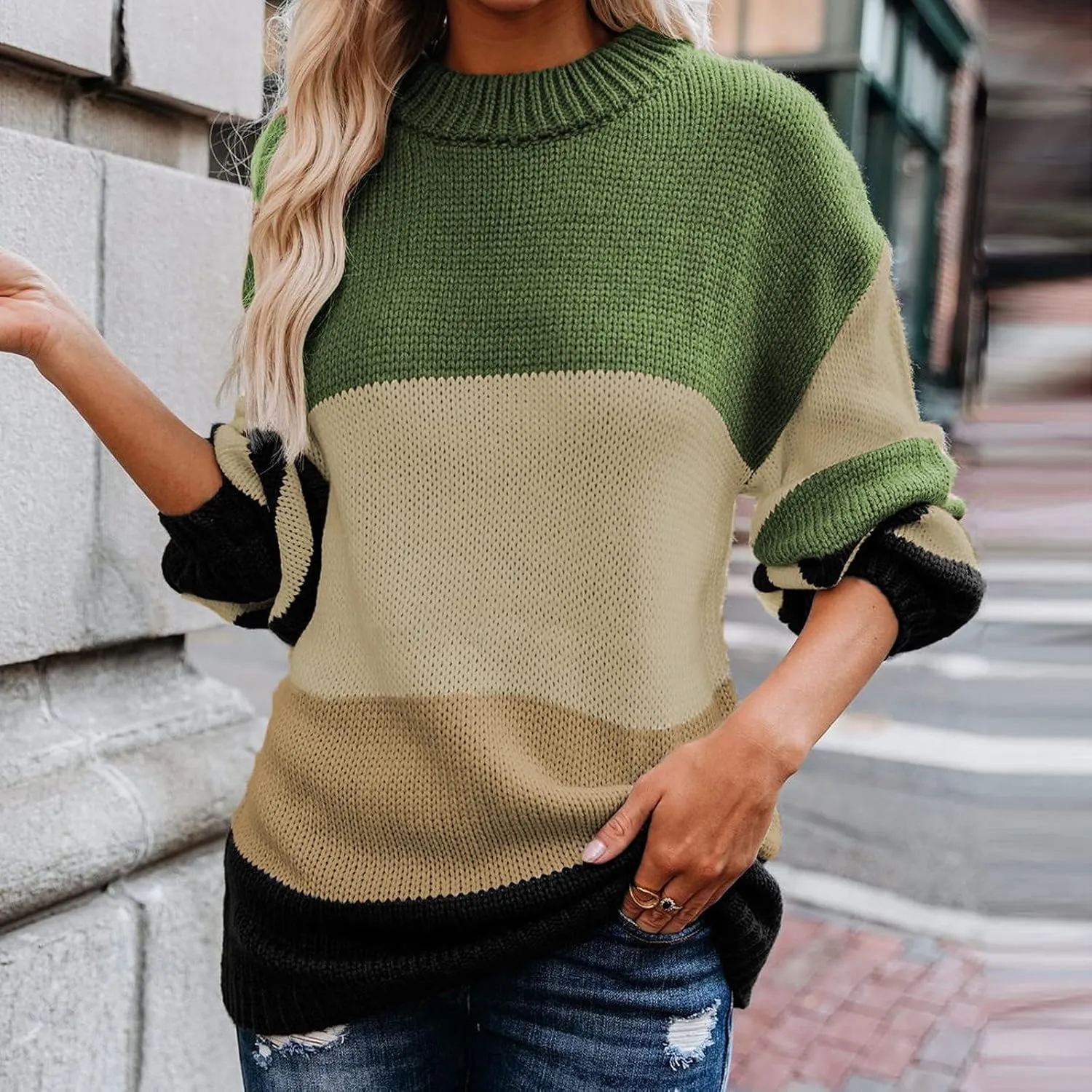Womens Fall Long Sleeve Striped Color Block Chunky Sweater Plus Size Fall Fashion Lantern Sleeve Blouse Tops