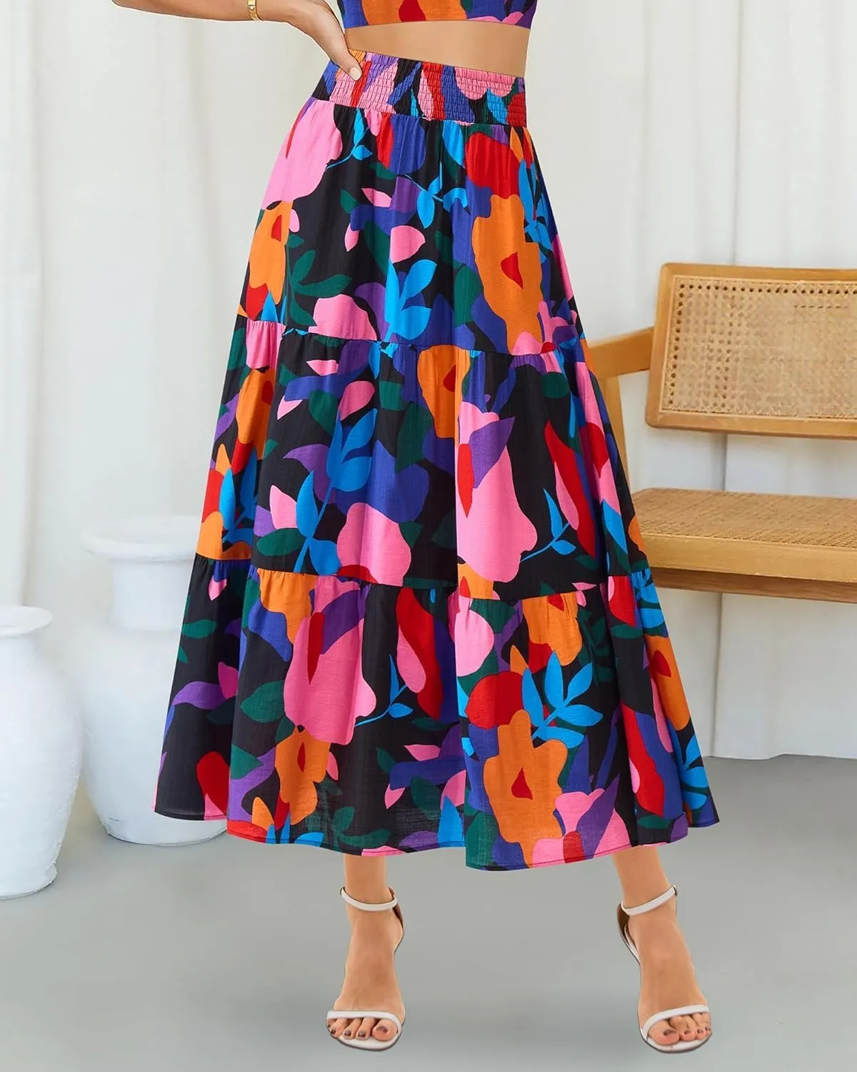 Women's Floral Print Midi Maxi Skirts 2025 Summer Casual Aline Elastic High Waist Pleated Flowy Long Skirt Pockets