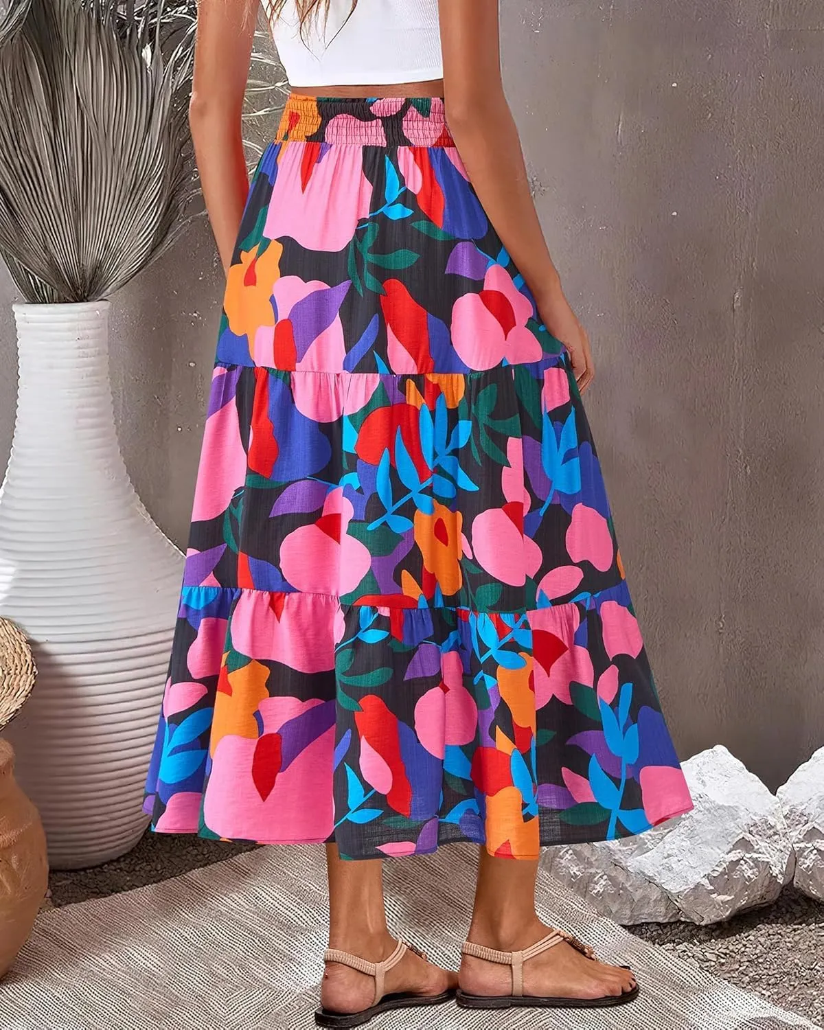 Women's Floral Print Midi Maxi Skirts 2025 Summer Casual Aline Elastic High Waist Pleated Flowy Long Skirt Pockets