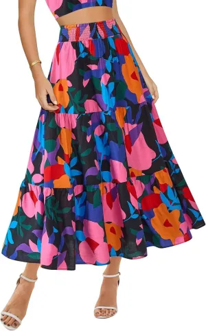 Women's Floral Print Midi Maxi Skirts 2025 Summer Casual Aline Elastic High Waist Pleated Flowy Long Skirt Pockets
