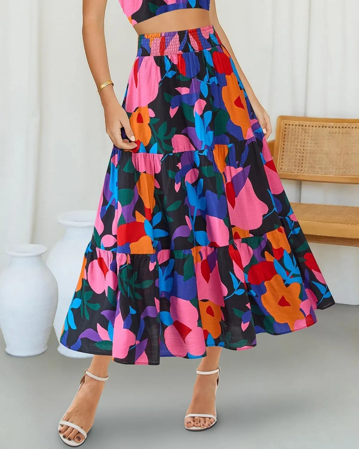 Women's Floral Print Midi Maxi Skirts 2025 Summer Casual Aline Elastic High Waist Pleated Flowy Long Skirt Pockets