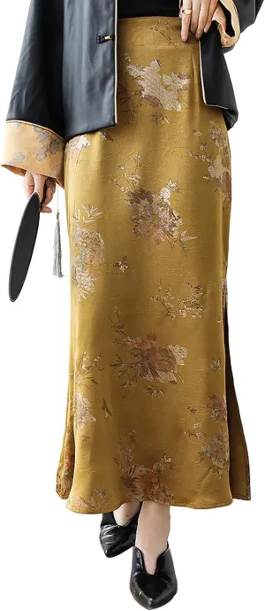 Womens Floral Satin Silk High Waisted Midi Length Skirts Summer Zipper Trendy Side Split Skirts