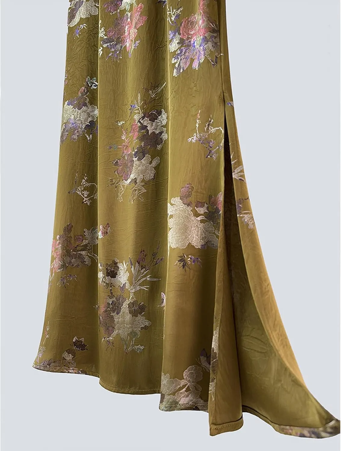 Womens Floral Satin Silk High Waisted Midi Length Skirts Summer Zipper Trendy Side Split Skirts