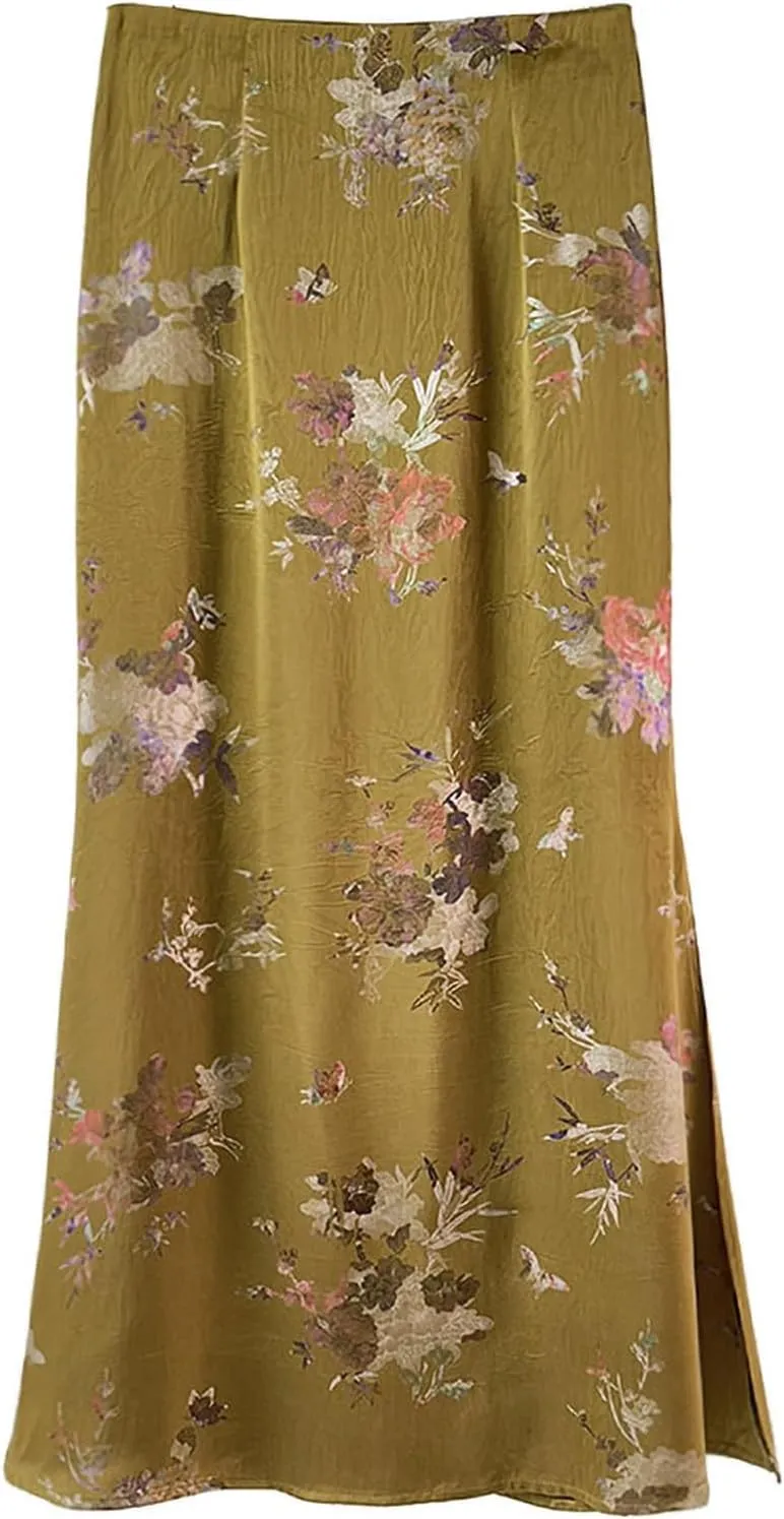 Womens Floral Satin Silk High Waisted Midi Length Skirts Summer Zipper Trendy Side Split Skirts