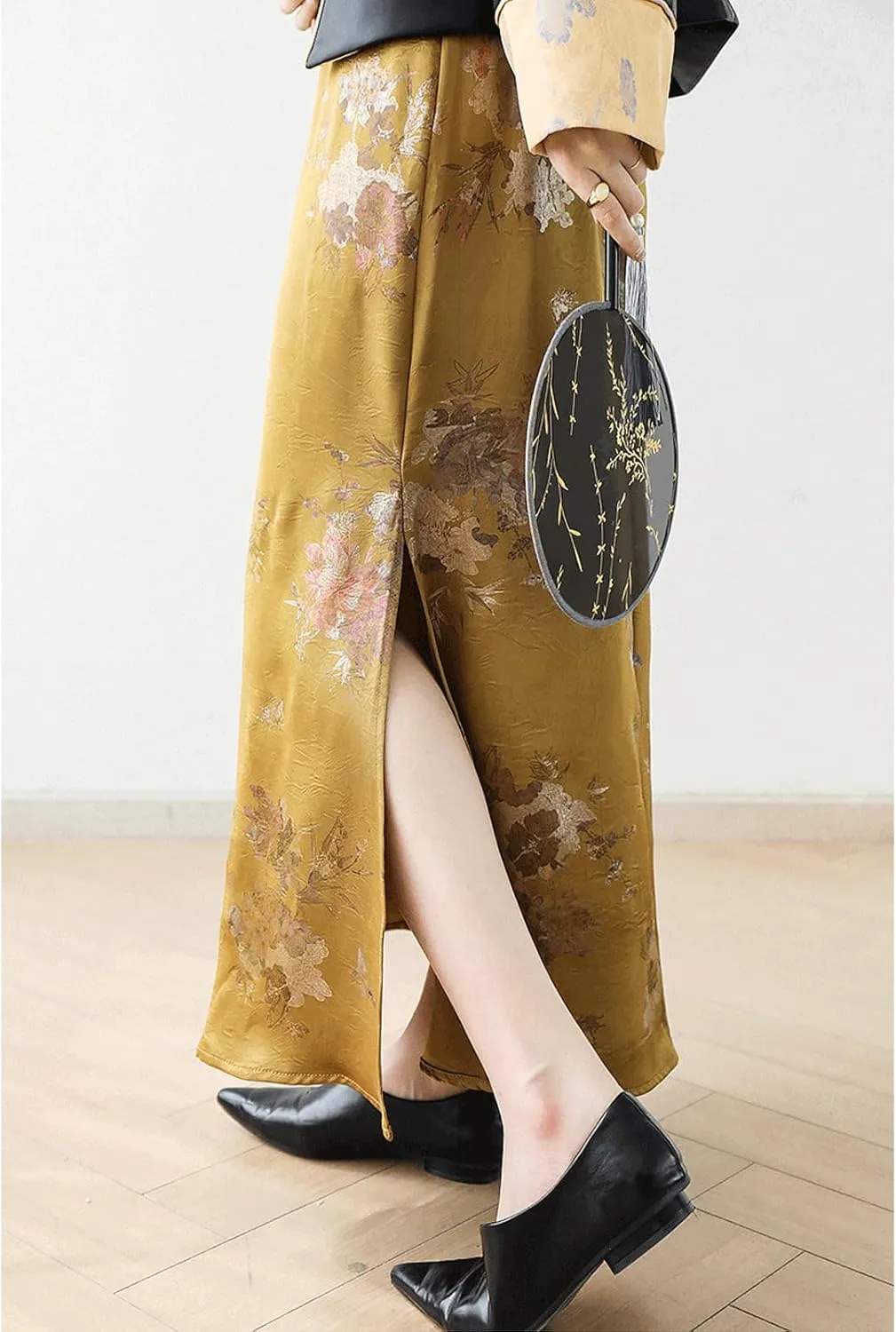 Womens Floral Satin Silk High Waisted Midi Length Skirts Summer Zipper Trendy Side Split Skirts