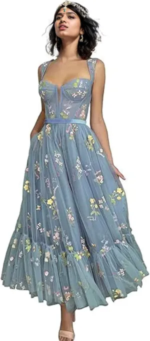 Women's Flower Embroidery Tulle Prom Dresses Tea Length Corset A-Line Fairy Formal Evening Party Gown for Wedding