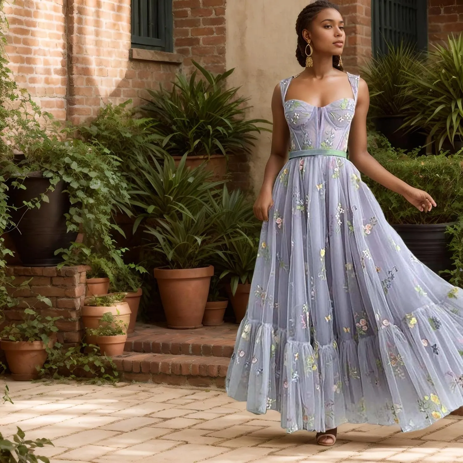 Women's Flower Embroidery Tulle Prom Dresses Tea Length Corset A-Line Fairy Formal Evening Party Gown for Wedding