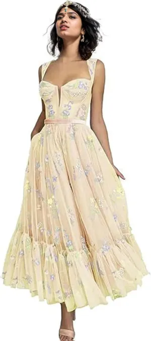 Women's Flower Embroidery Tulle Prom Dresses Tea Length Corset A-Line Fairy Formal Evening Party Gown for Wedding