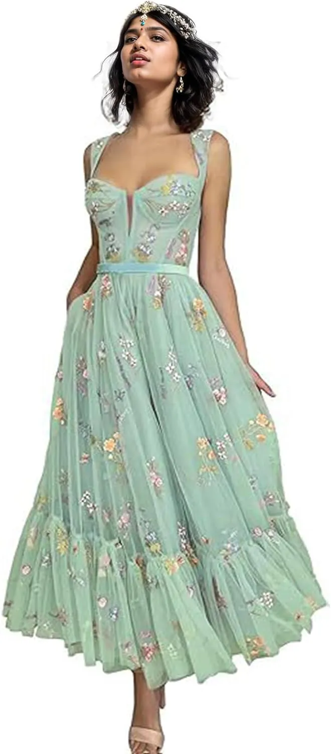 Women's Flower Embroidery Tulle Prom Dresses Tea Length Corset A-Line Fairy Formal Evening Party Gown for Wedding