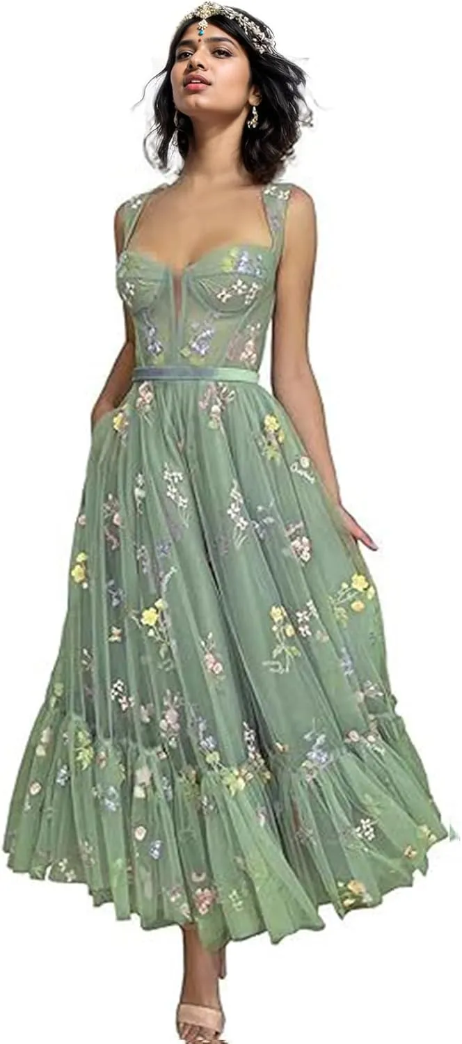 Women's Flower Embroidery Tulle Prom Dresses Tea Length Corset A-Line Fairy Formal Evening Party Gown for Wedding