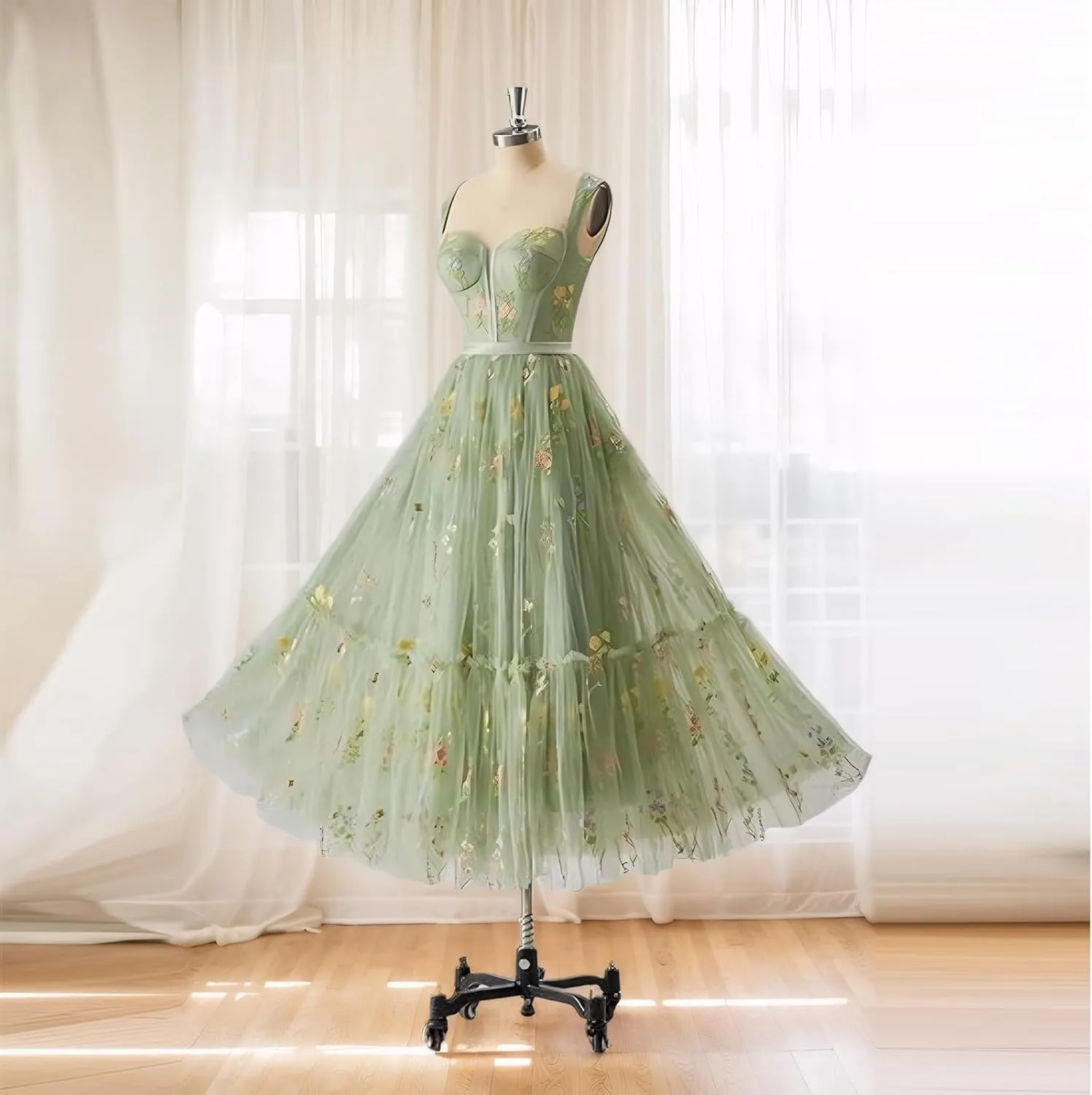 Women's Flower Embroidery Tulle Prom Dresses Tea Length Corset A-Line Fairy Formal Evening Party Gown for Wedding
