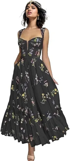 Women's Flower Embroidery Tulle Prom Dresses Tea Length Corset A-Line Fairy Formal Evening Party Gown for Wedding