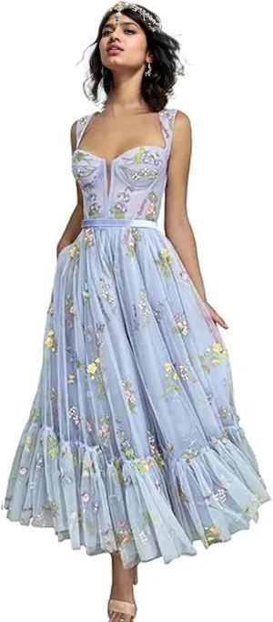 Women's Flower Embroidery Tulle Prom Dresses Tea Length Corset A-Line Fairy Formal Evening Party Gown for Wedding