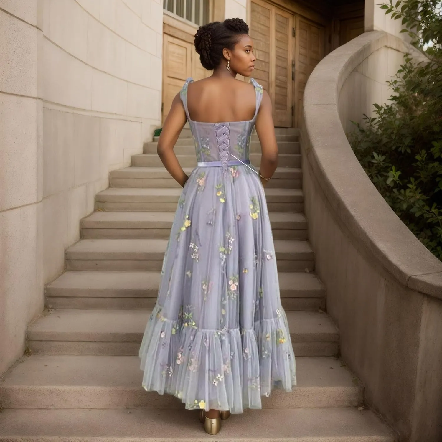 Women's Flower Embroidery Tulle Prom Dresses Tea Length Corset A-Line Fairy Formal Evening Party Gown for Wedding