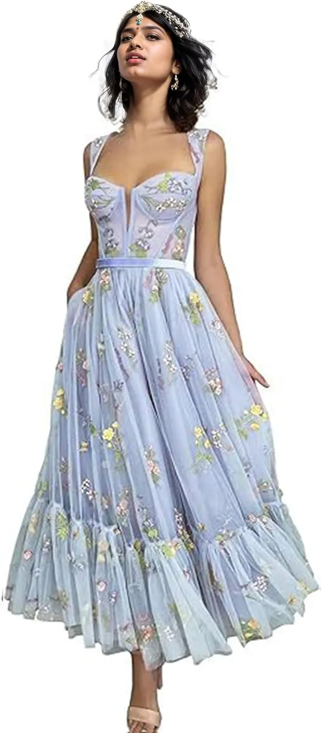 Women's Flower Embroidery Tulle Prom Dresses Tea Length Corset A-Line Fairy Formal Evening Party Gown for Wedding