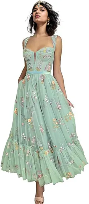 Women's Flower Embroidery Tulle Prom Dresses Tea Length Corset A-Line Fairy Formal Evening Party Gown for Wedding