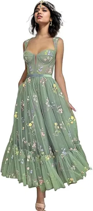 Women's Flower Embroidery Tulle Prom Dresses Tea Length Corset A-Line Fairy Formal Evening Party Gown for Wedding