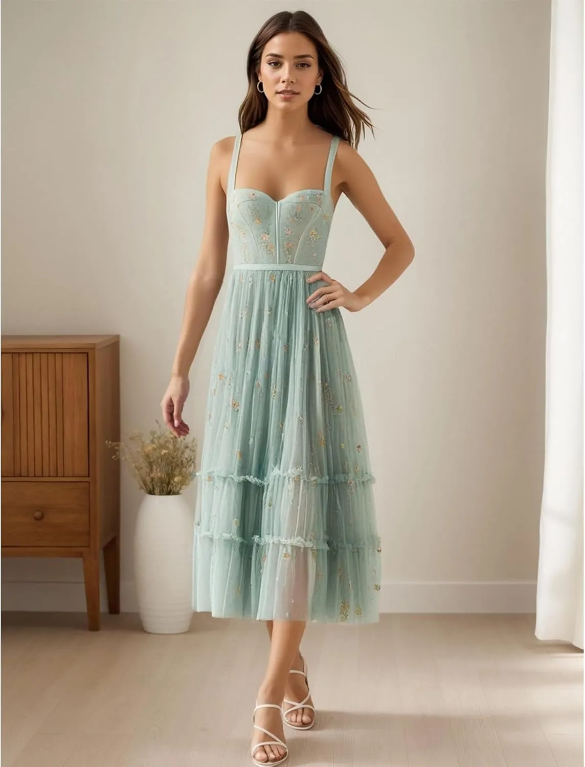 Women's Flower Embroidery Tulle Prom Dresses Tea Length Corset A-Line Fairy Formal Evening Party Gown for Wedding