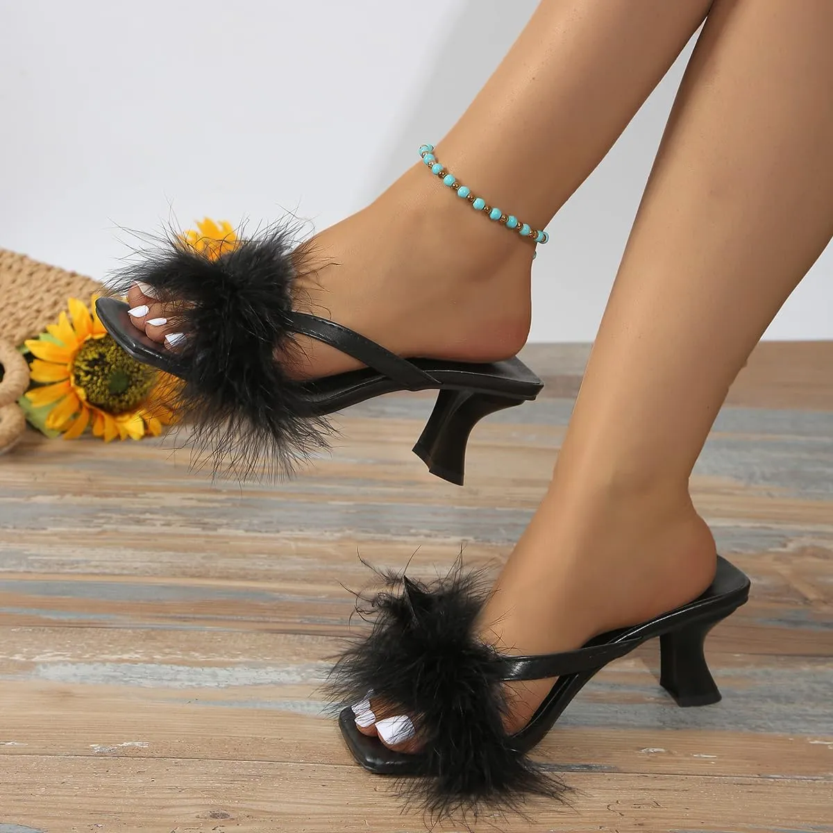 Women's Fuzzy Slippers Heels Square Toe Stilettos Heels Mules Sandals Fluffy Feather Slip On High Heeled Wedding Bridal Party Shoes