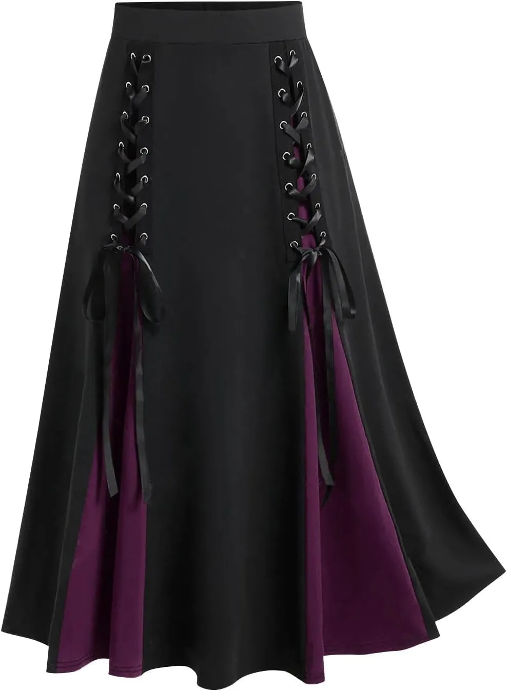 Womens Gothic Long Skirts Pleated Patchwork Dresses Medieval Lace Up Midi Pleated Skirts Victorian Steampunk Skirts