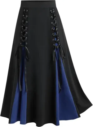 Womens Gothic Long Skirts Pleated Patchwork Dresses Medieval Lace Up Midi Pleated Skirts Victorian Steampunk Skirts