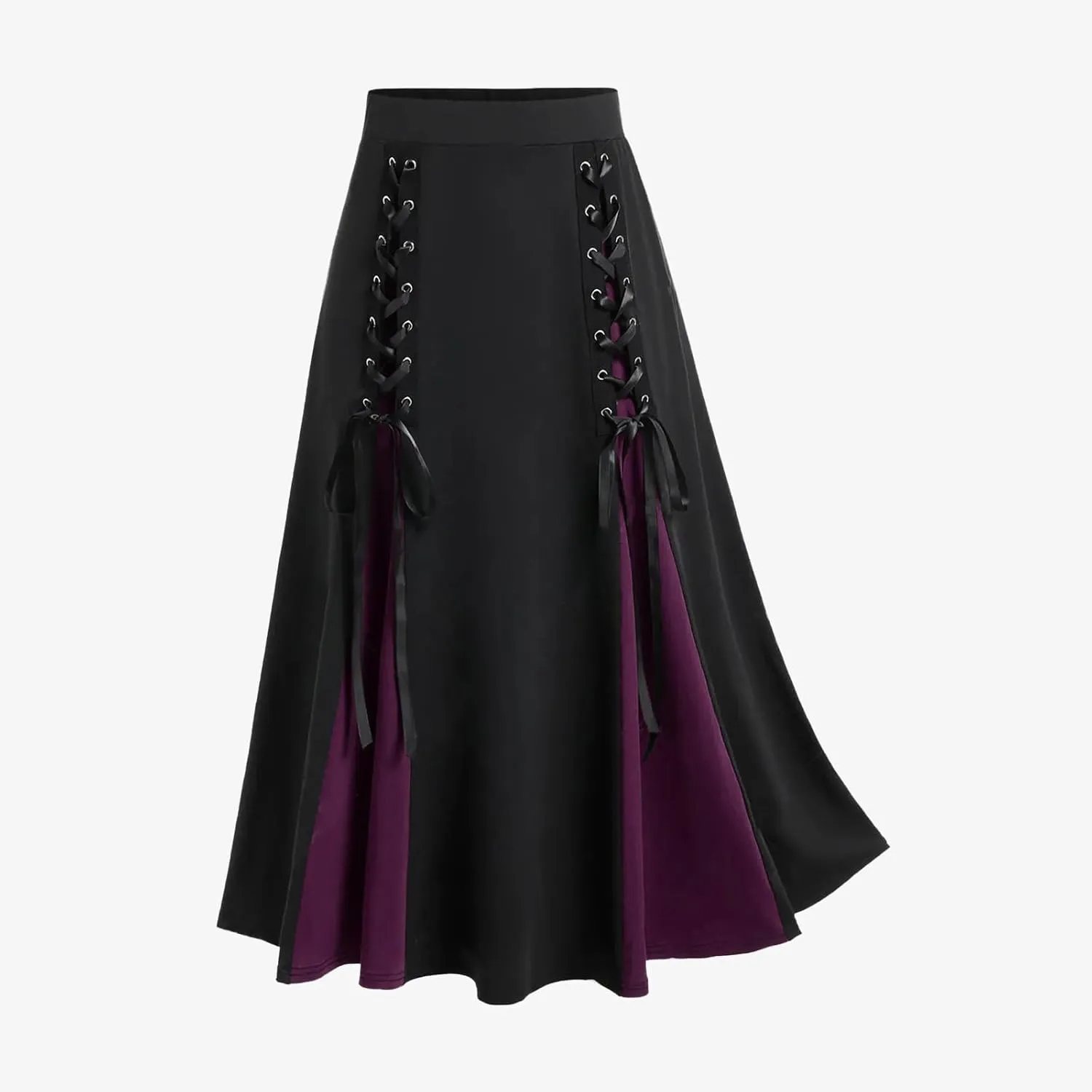 Womens Gothic Long Skirts Pleated Patchwork Dresses Medieval Lace Up Midi Pleated Skirts Victorian Steampunk Skirts