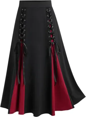 Womens Gothic Long Skirts Pleated Patchwork Dresses Medieval Lace Up Midi Pleated Skirts Victorian Steampunk Skirts